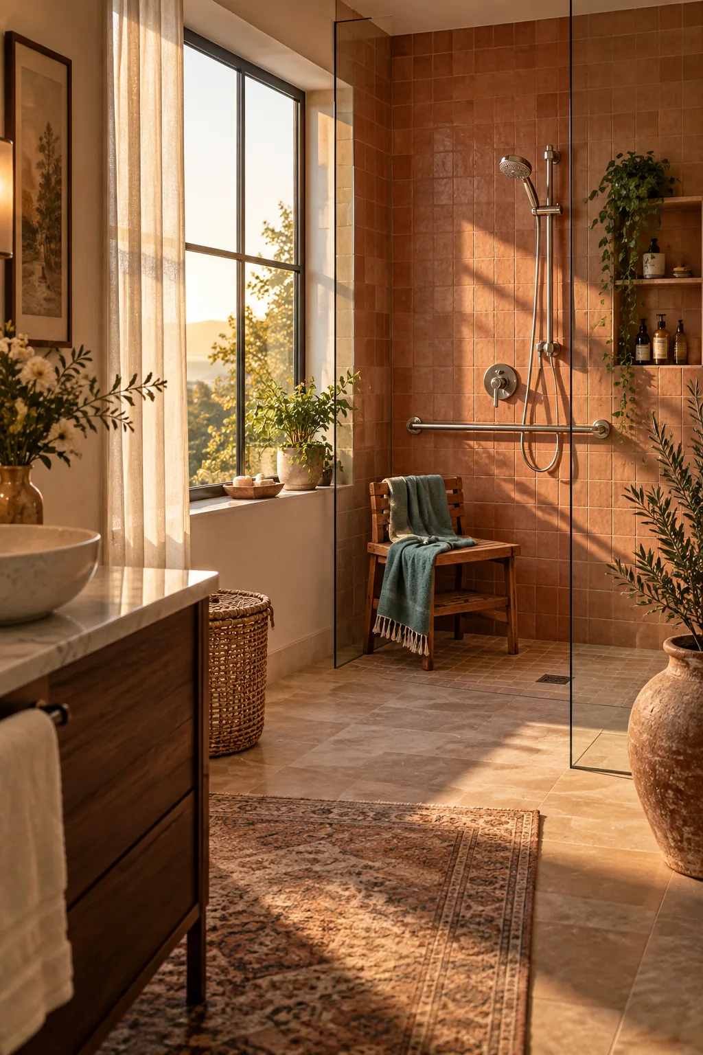 Handheld showerhead mounted on a sleek metal sliding bar against subway tile