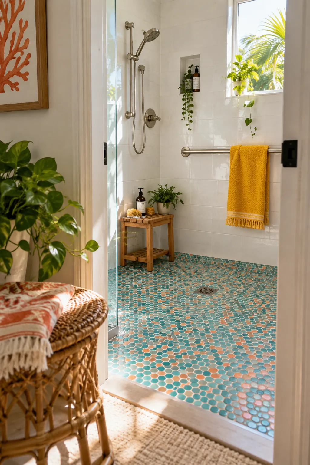 Close up of small matte hex tiles on a shower floor