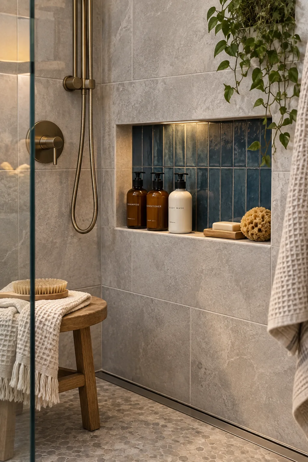 Built-in shower wall niche placed at waist height with shampoo bottles