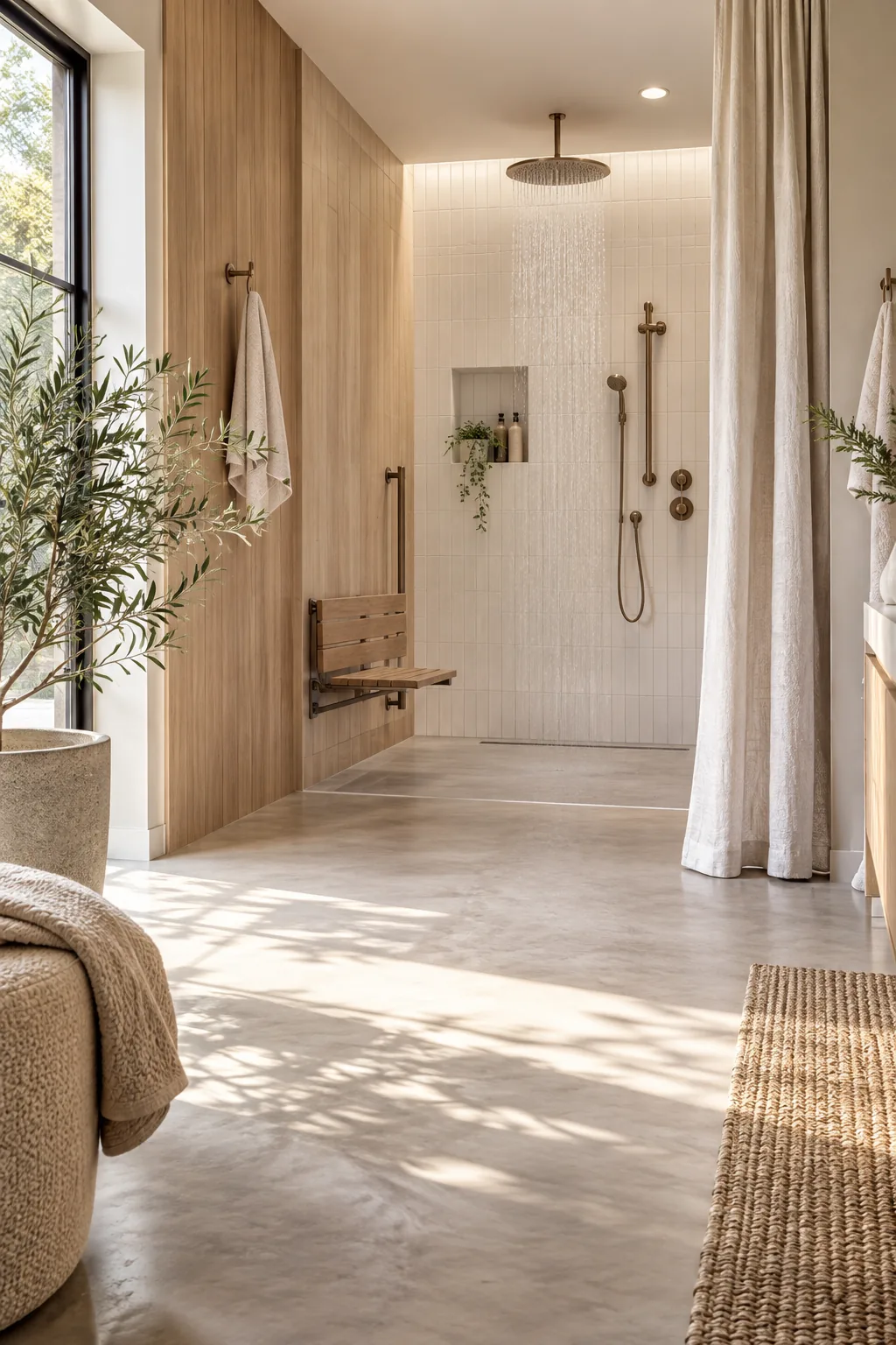 Wide doorless shower entrance in a modern wet room layout