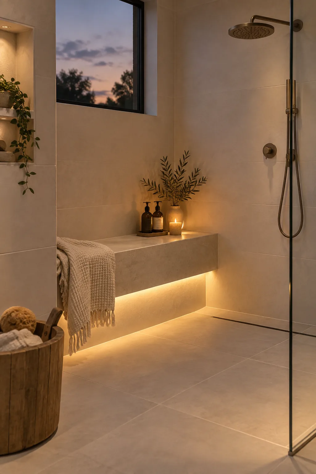 Waterproof LED strip lighting glowing warmly from under a floating shower seat