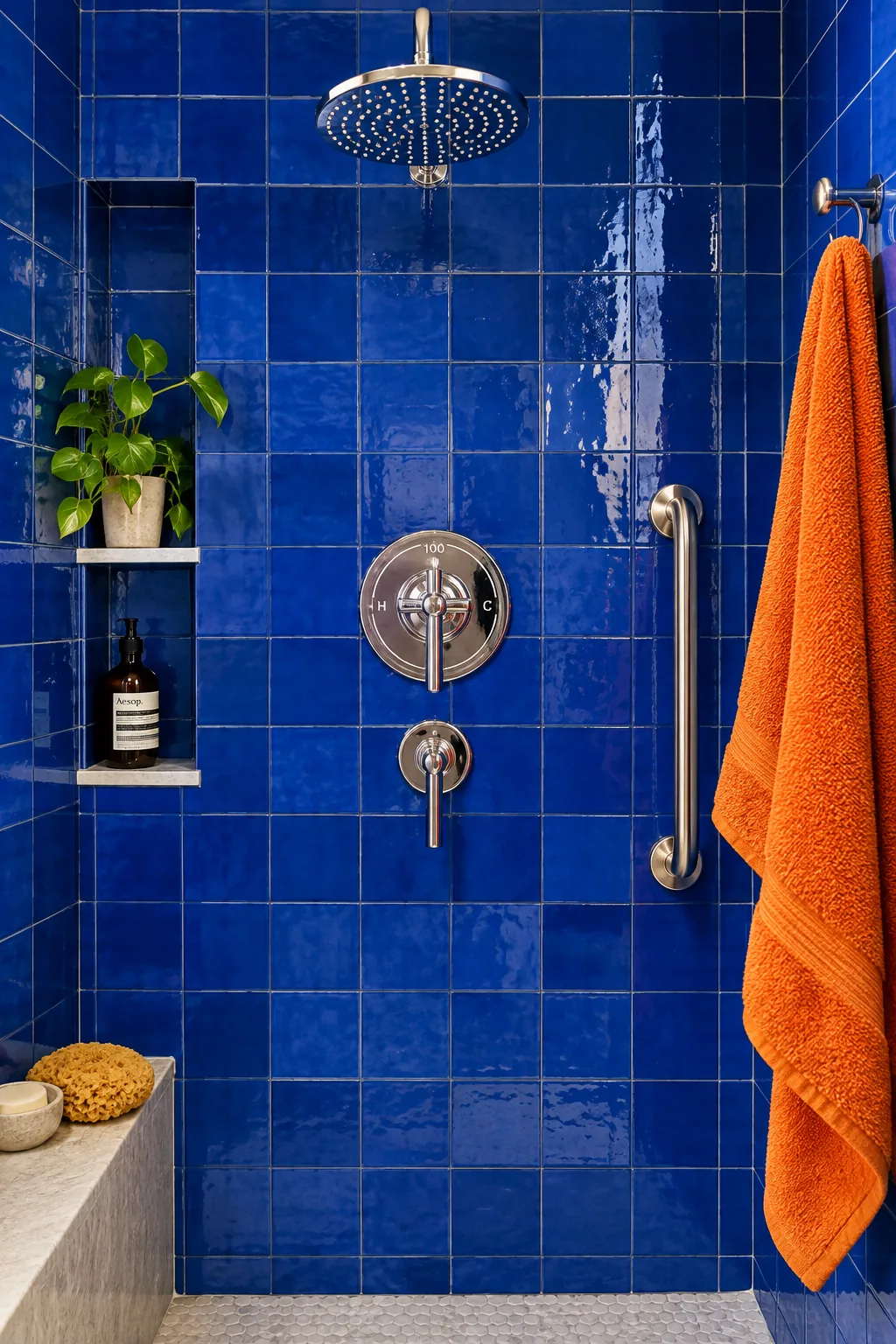 Close up of a modern thermostatic shower valve with temperature markings