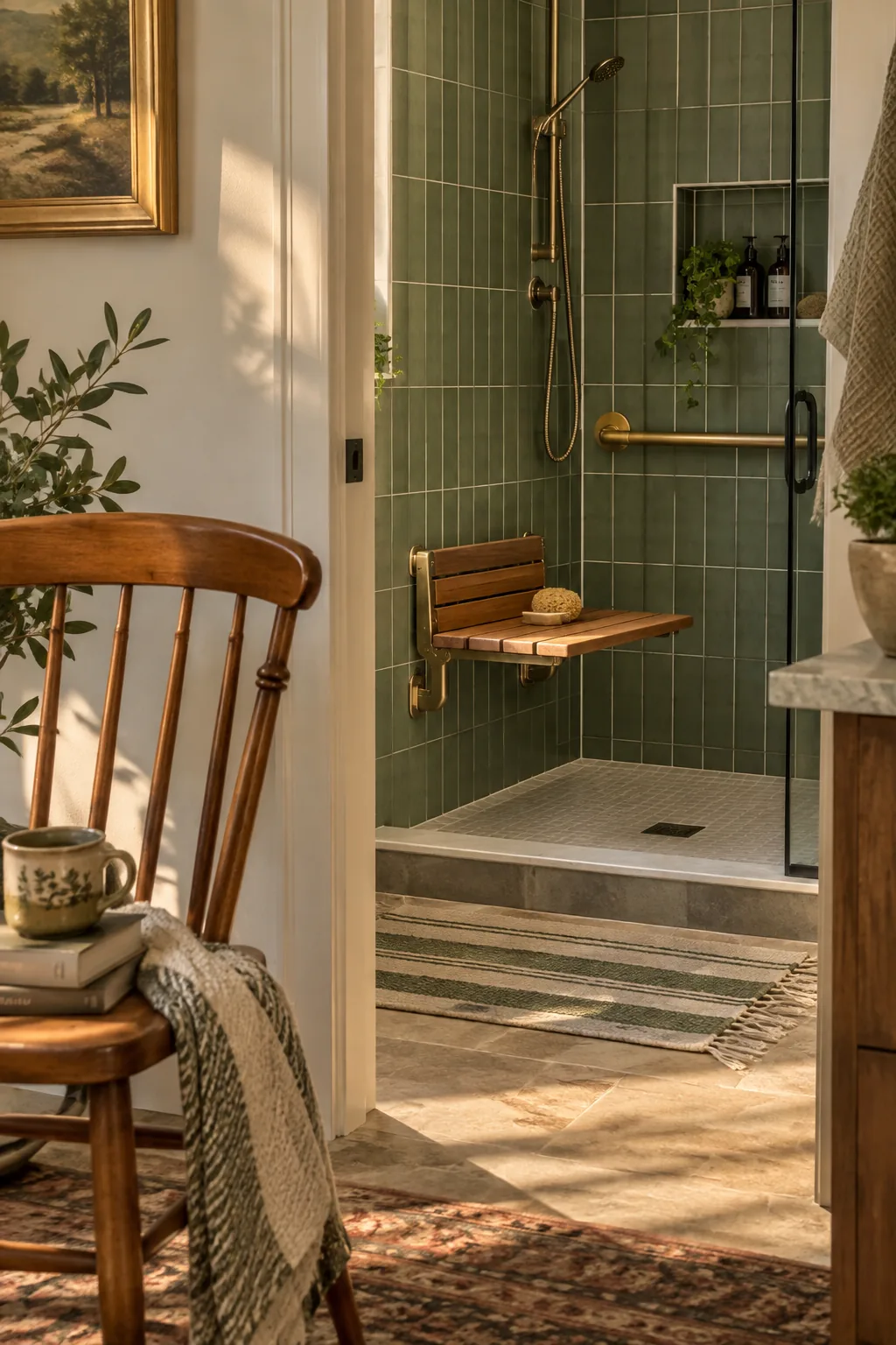 Built-in shower bench positioned at standard dining chair height