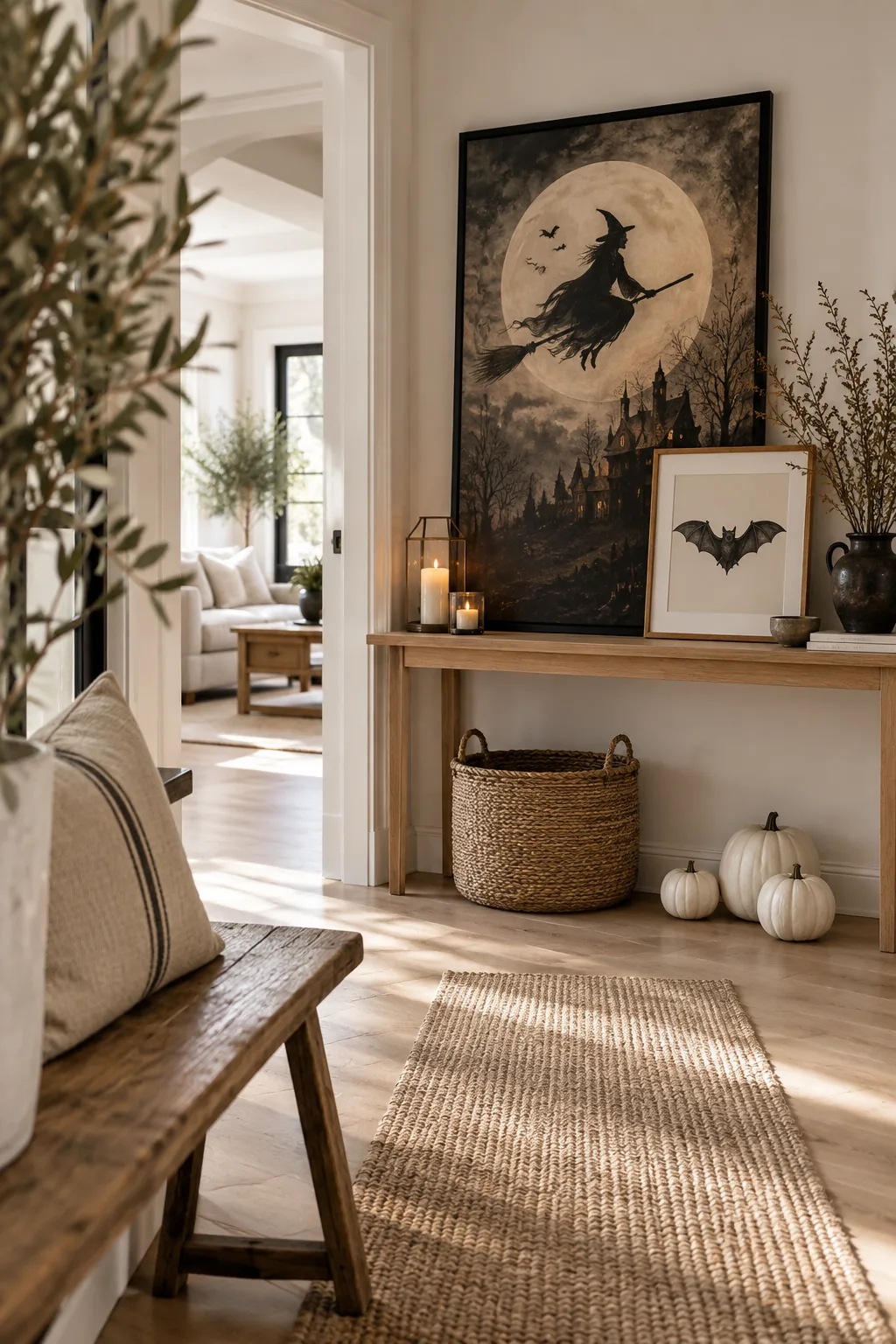A large black framed Halloween poster leaning on a wooden console table with mini pumpkins.