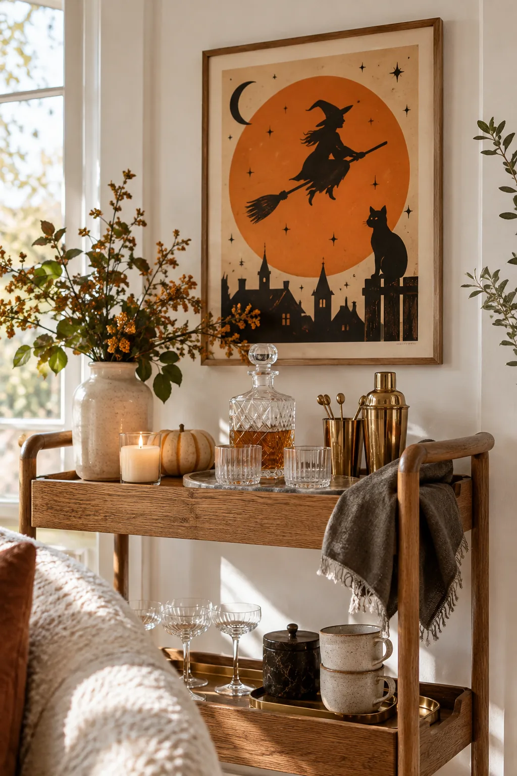Retro Halloween typography poster hanging above a styled brass bar cart.