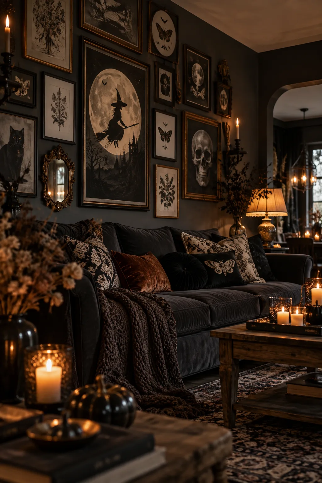 Mismatched black and gold frames featuring Halloween art arranged on a white wall above a sofa.