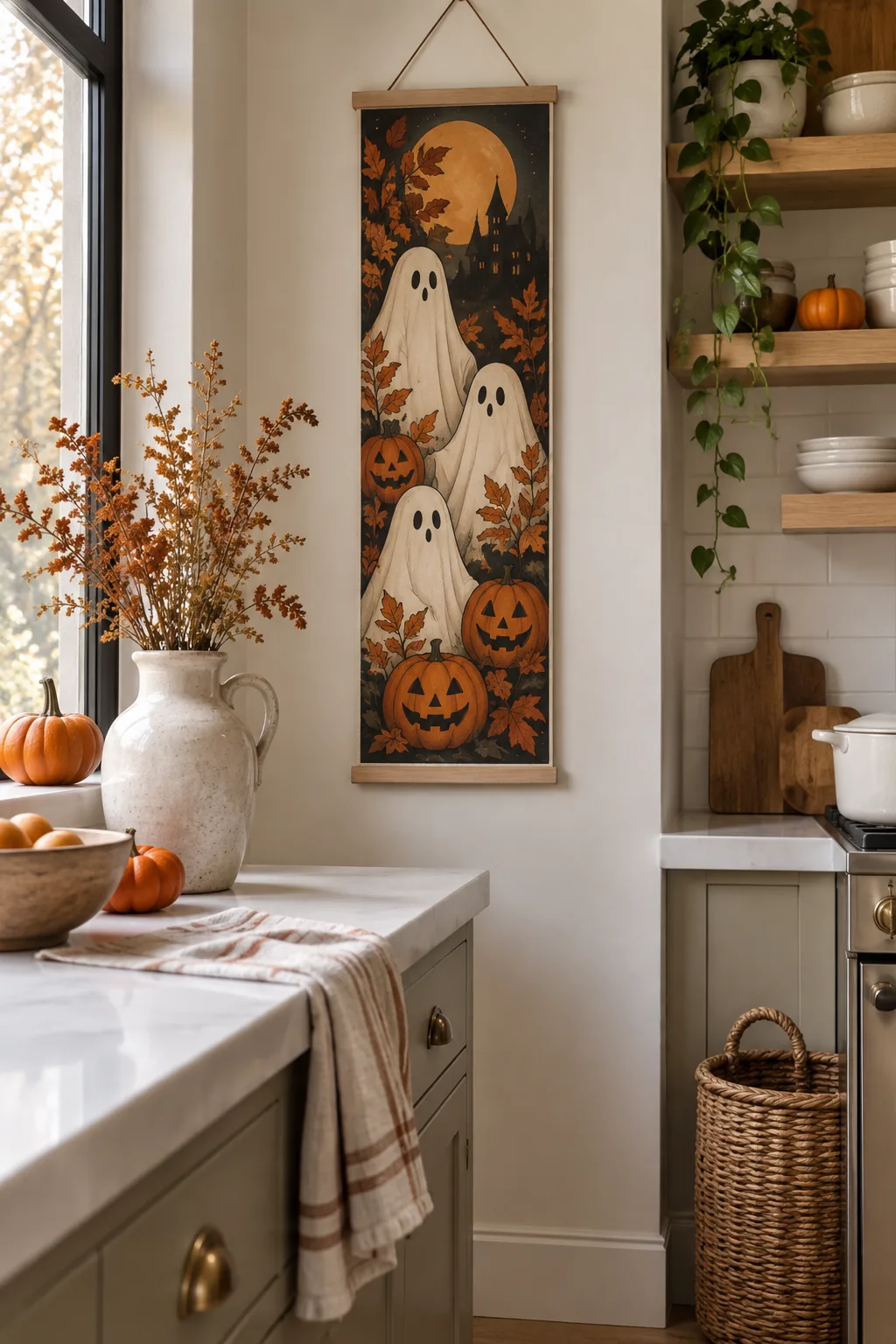 Canvas Halloween poster hanging in a kitchen using magnetic wooden poster strips.