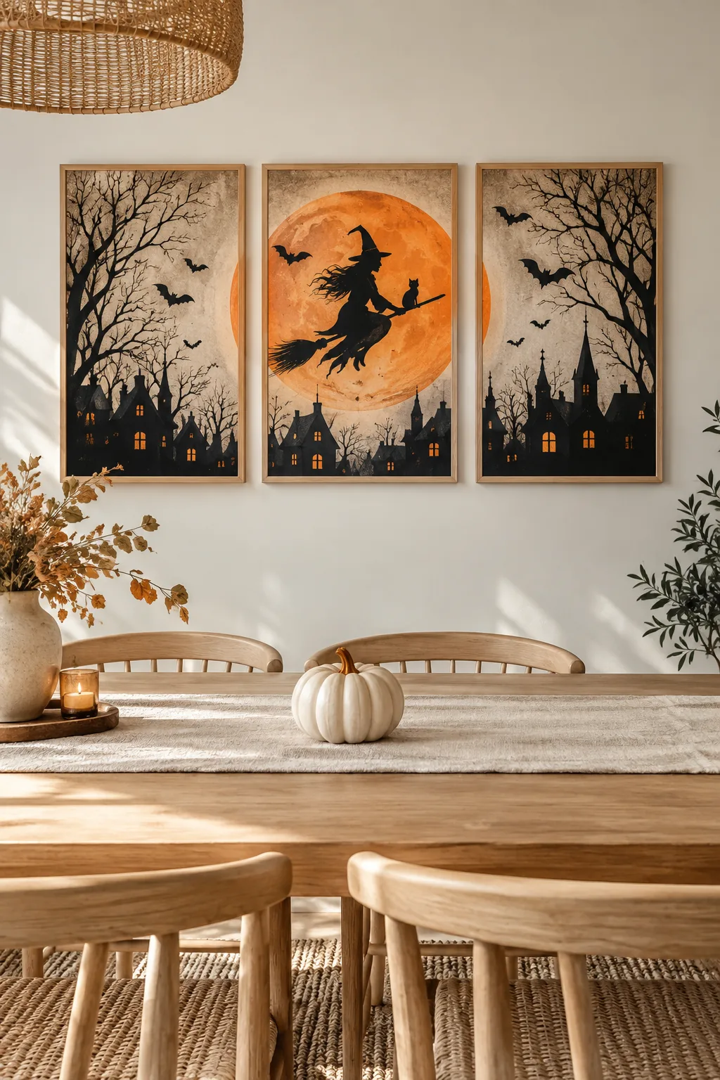 Three matching black frames displaying a continuous Halloween typography design on a dining room wall.