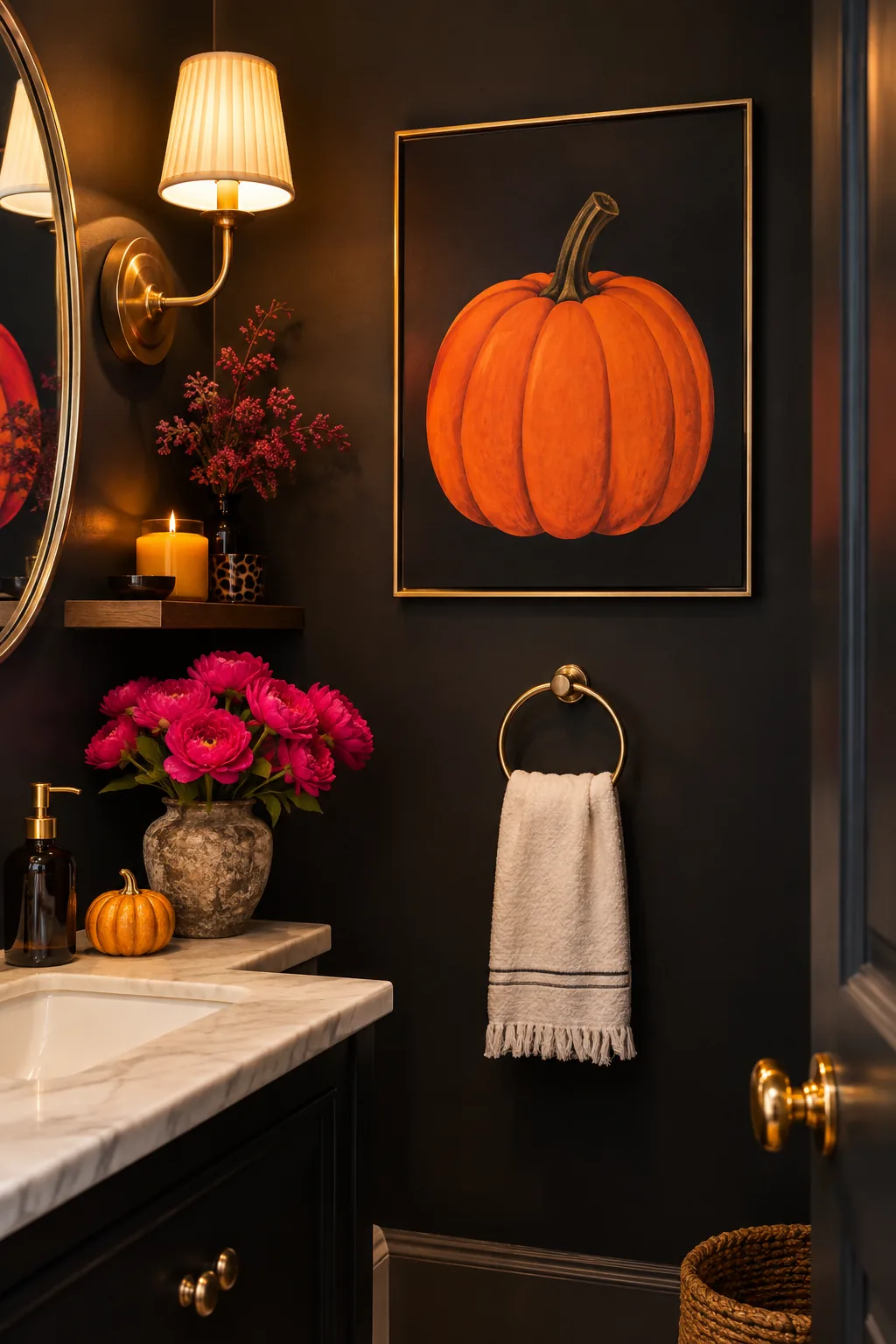 Minimalist black Halloween poster with an orange pumpkin hanging above a bathroom towel ring.