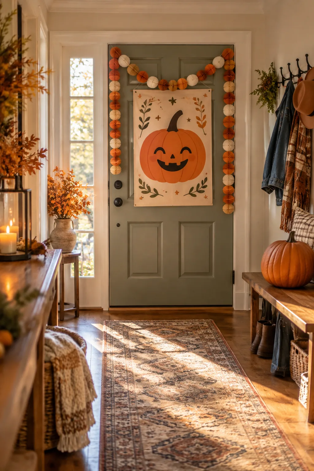Cheerful paper Halloween poster taped to the interior of a white front door, framed by a crepe paper garland.