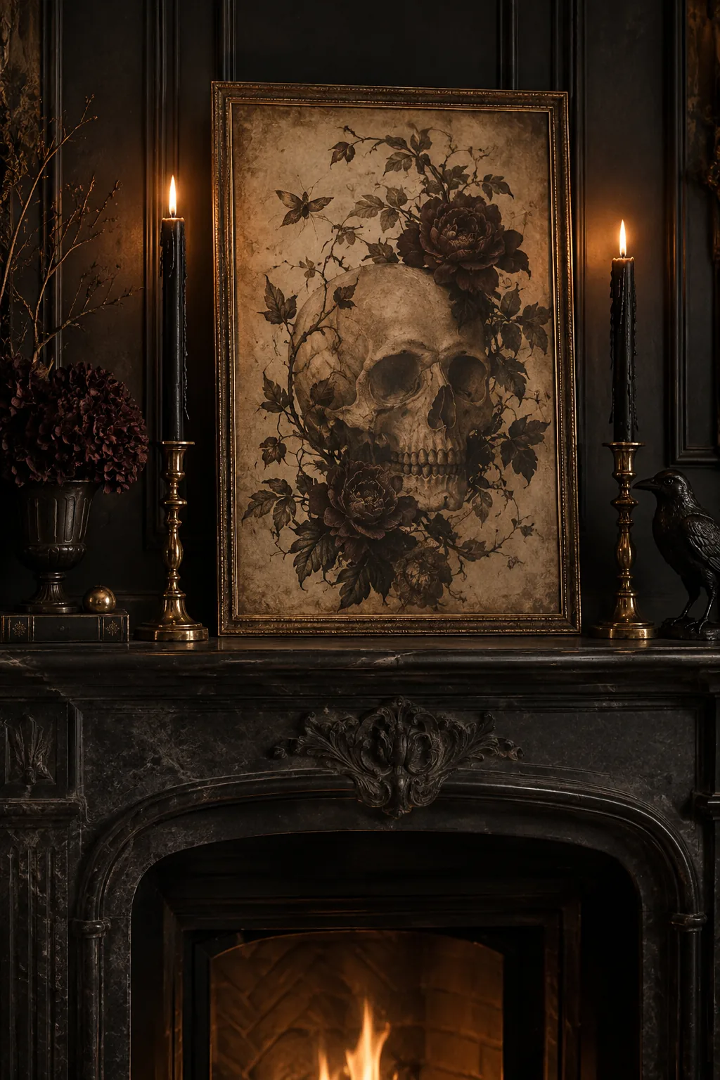 Flowing calligraphy Halloween poster leaning on a fireplace mantel next to tall dripping taper candles.