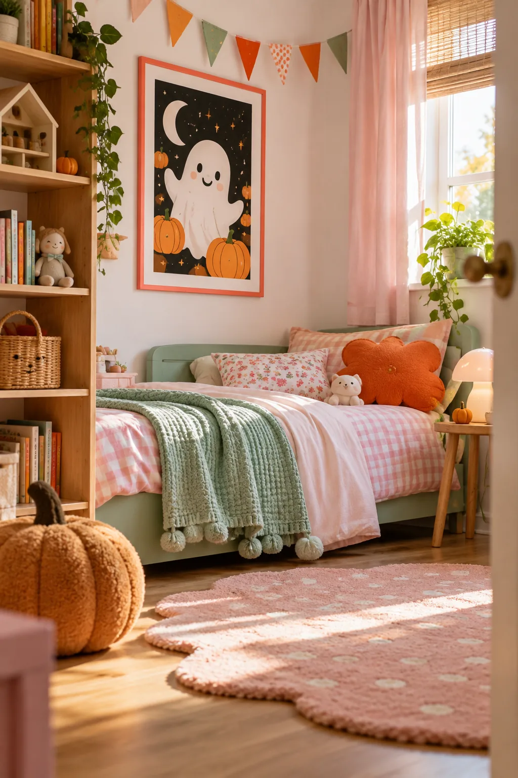 Cute pastel ghost poster in a bright frame hanging in a child's bedroom.