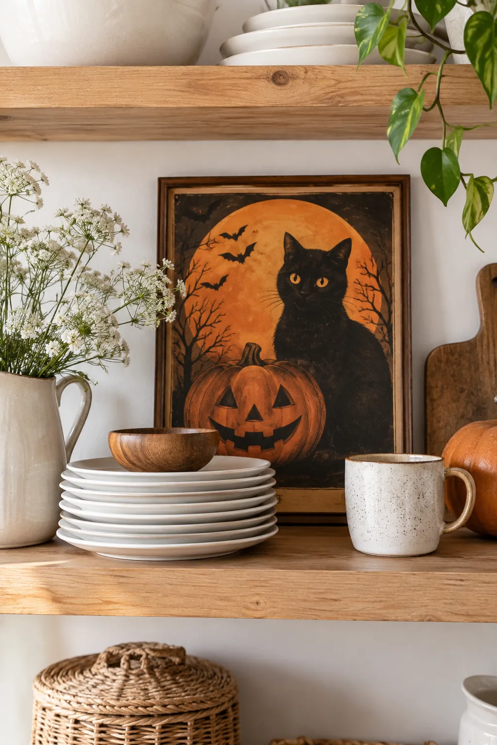 Vintage black cat Halloween poster tucked behind a stack of white plates on wooden kitchen shelves.
