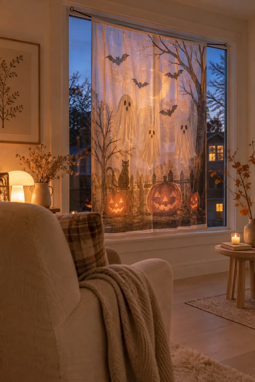 Translucent fabric Halloween poster hanging in a street-facing window, glowing from the interior lights.