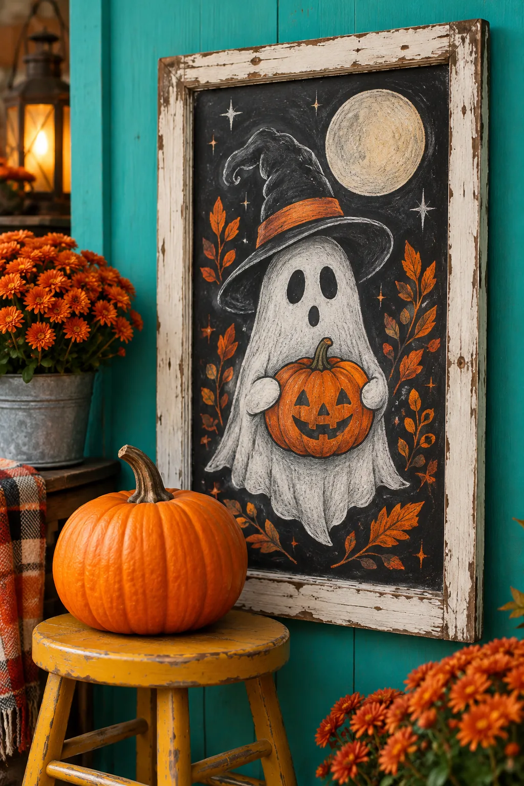 Chalkboard style Halloween poster mounted inside a distressed, chipping white wooden window frame.