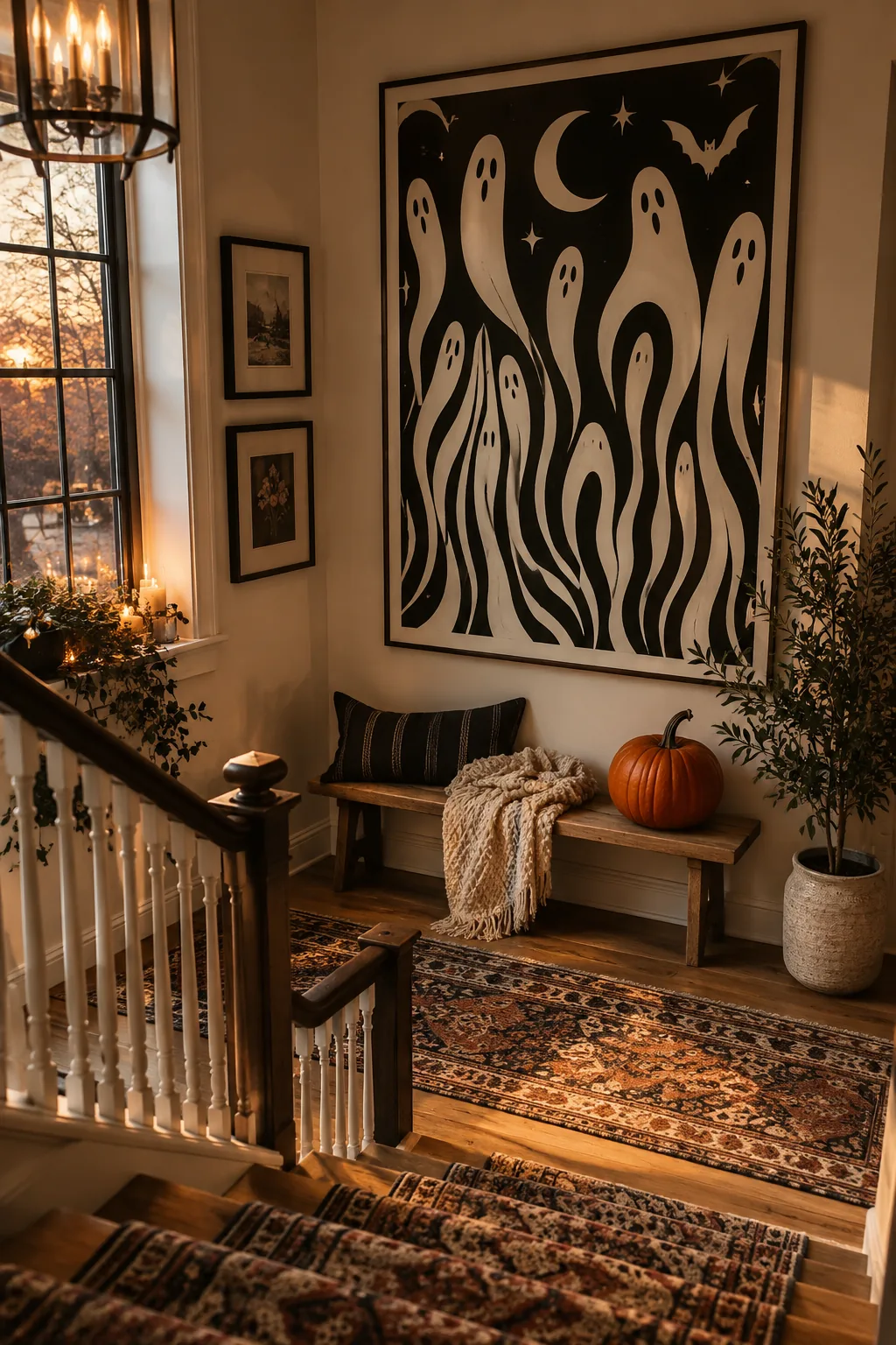 Large black and white typography Halloween poster hanging on the wall at a staircase landing.