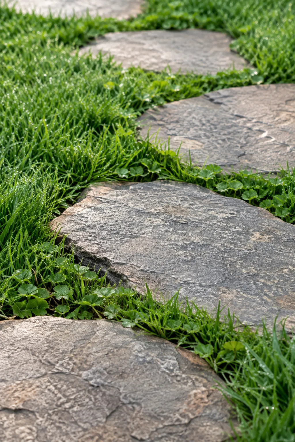 Irregular flagstones set into a green lawn creating a natural pathway
