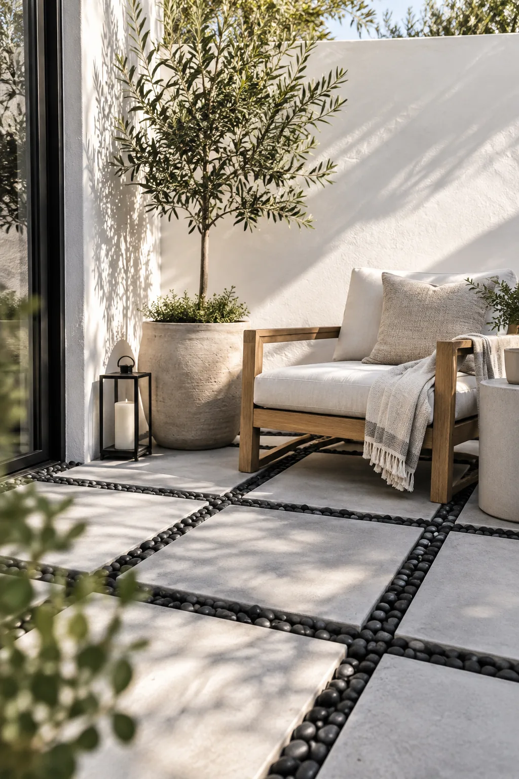 Large square concrete pavers spaced apart with black river rocks in the gaps