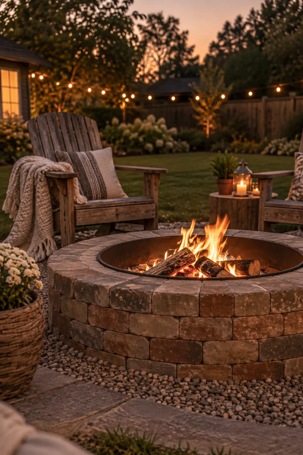 Circular fire pit built from rustic tumbled bricks on a gravel base