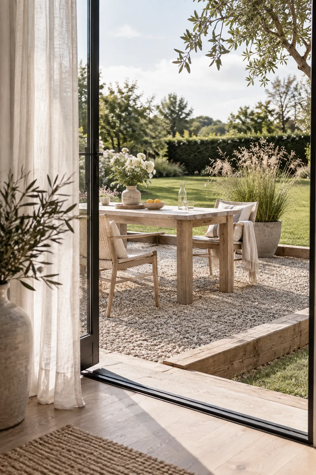 Pea gravel patio framed by thick wooden timbers with outdoor furniture