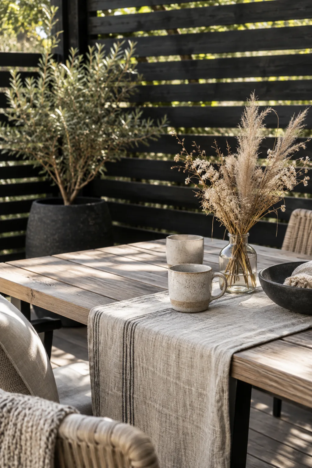 Black slatted wood privacy screen behind an outdoor dining table