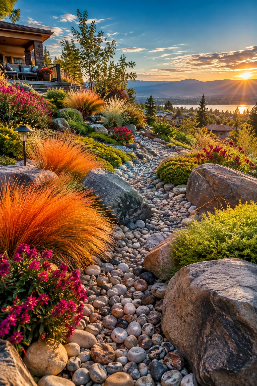 Dry creek bed made of river rocks and boulders winding through a garden