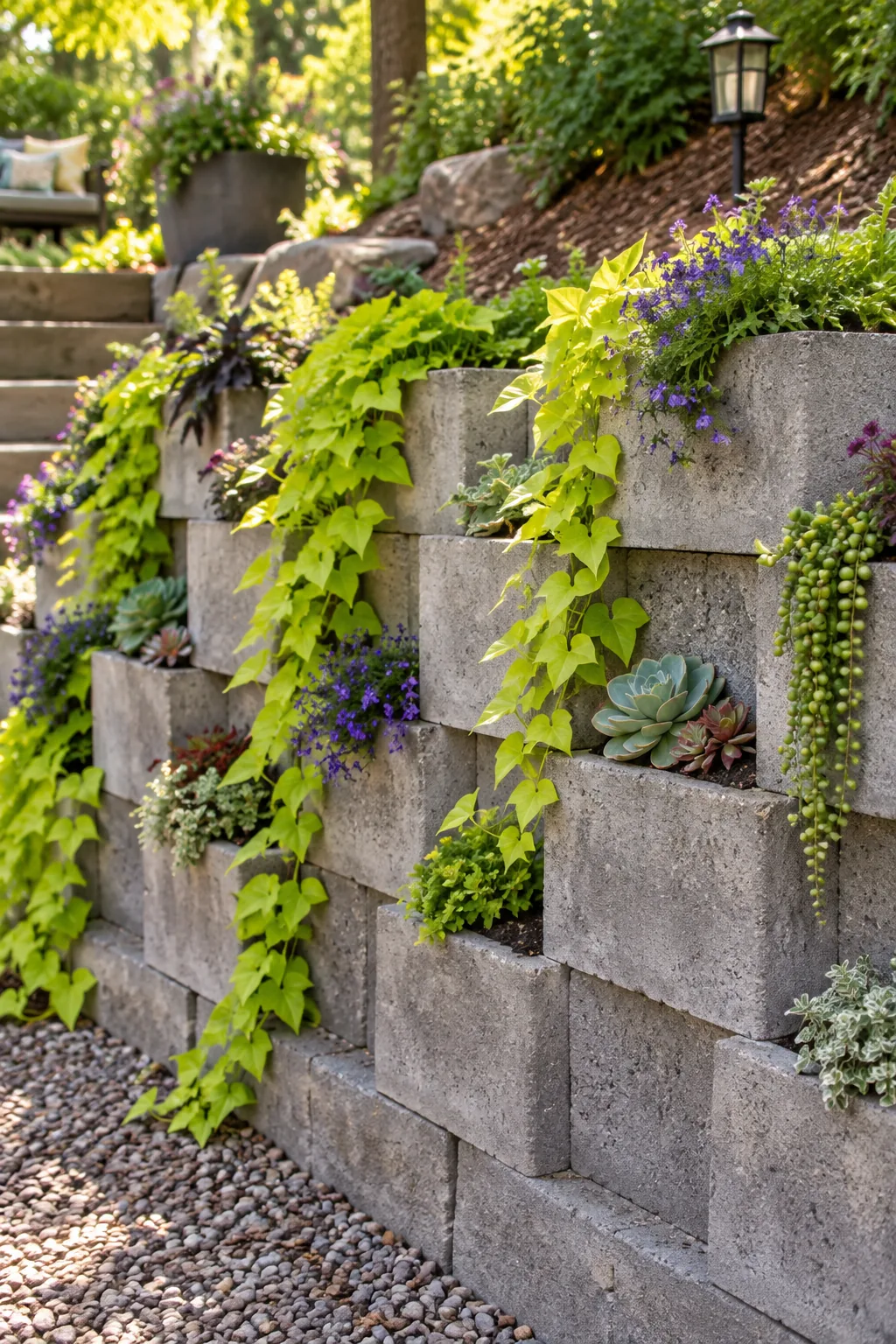 Low cinder block retaining wall with plants growing out of the holes