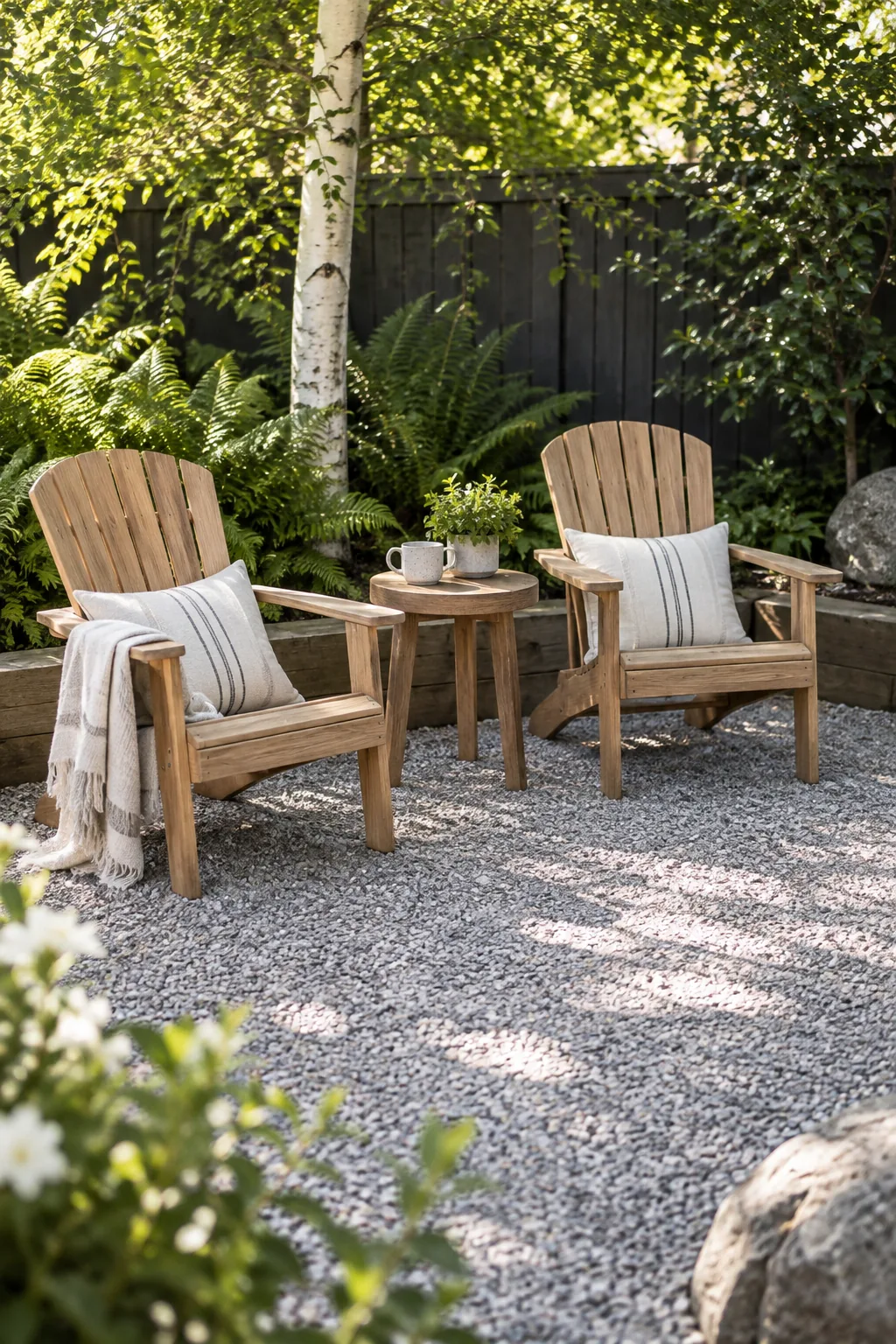 Shady yard corner covered in crushed granite with two Adirondack chairs