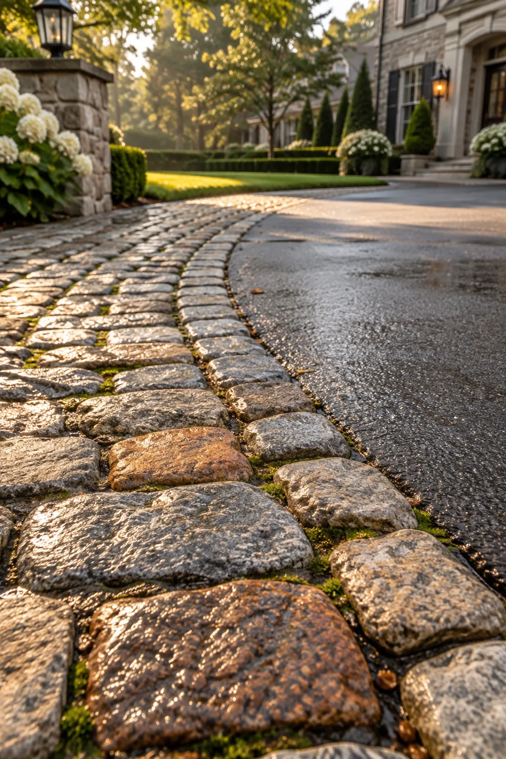 Textured cobblestone border at the entrance of an asphalt driveway