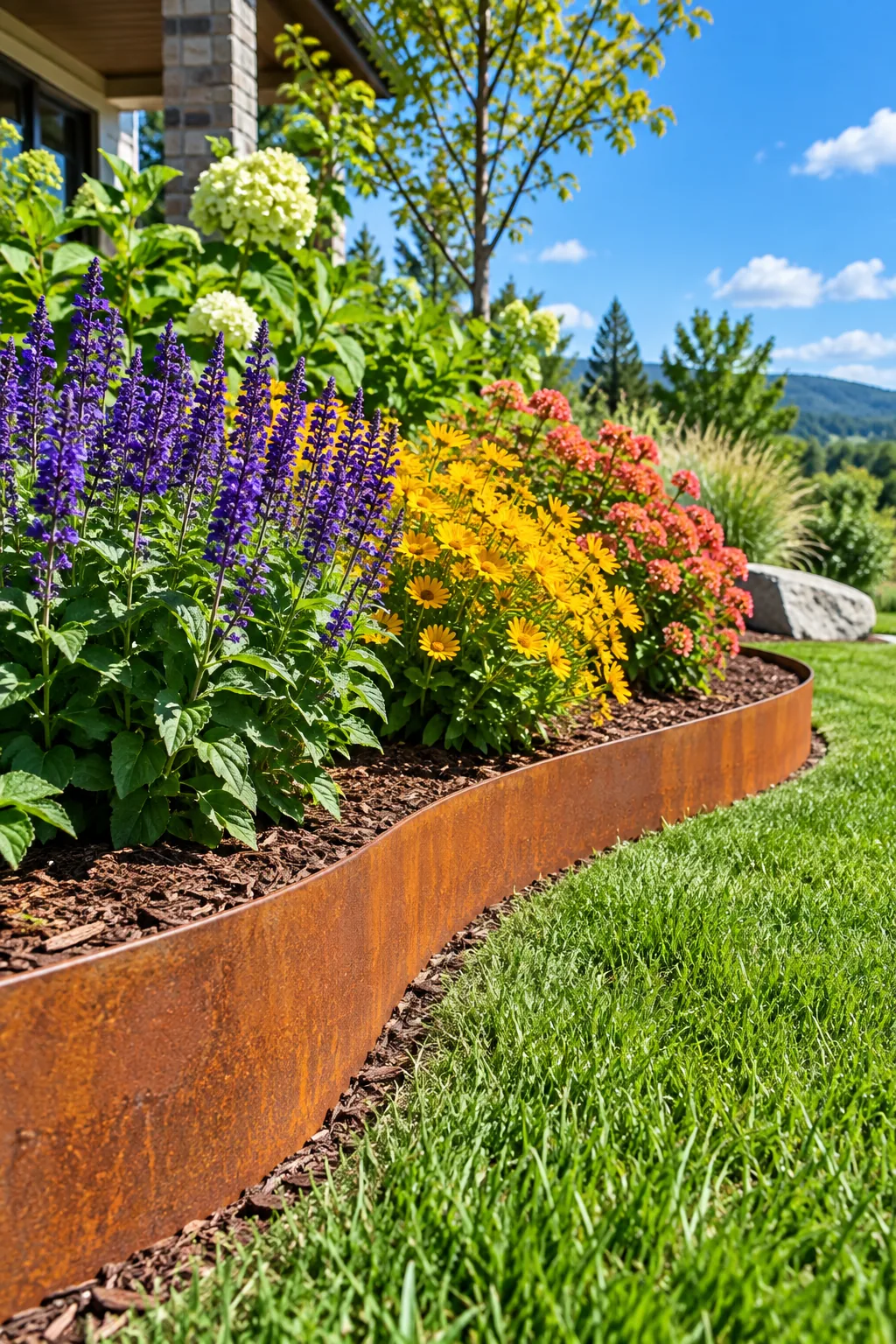 Rusted corten steel edging separating a mulch garden bed from green grass