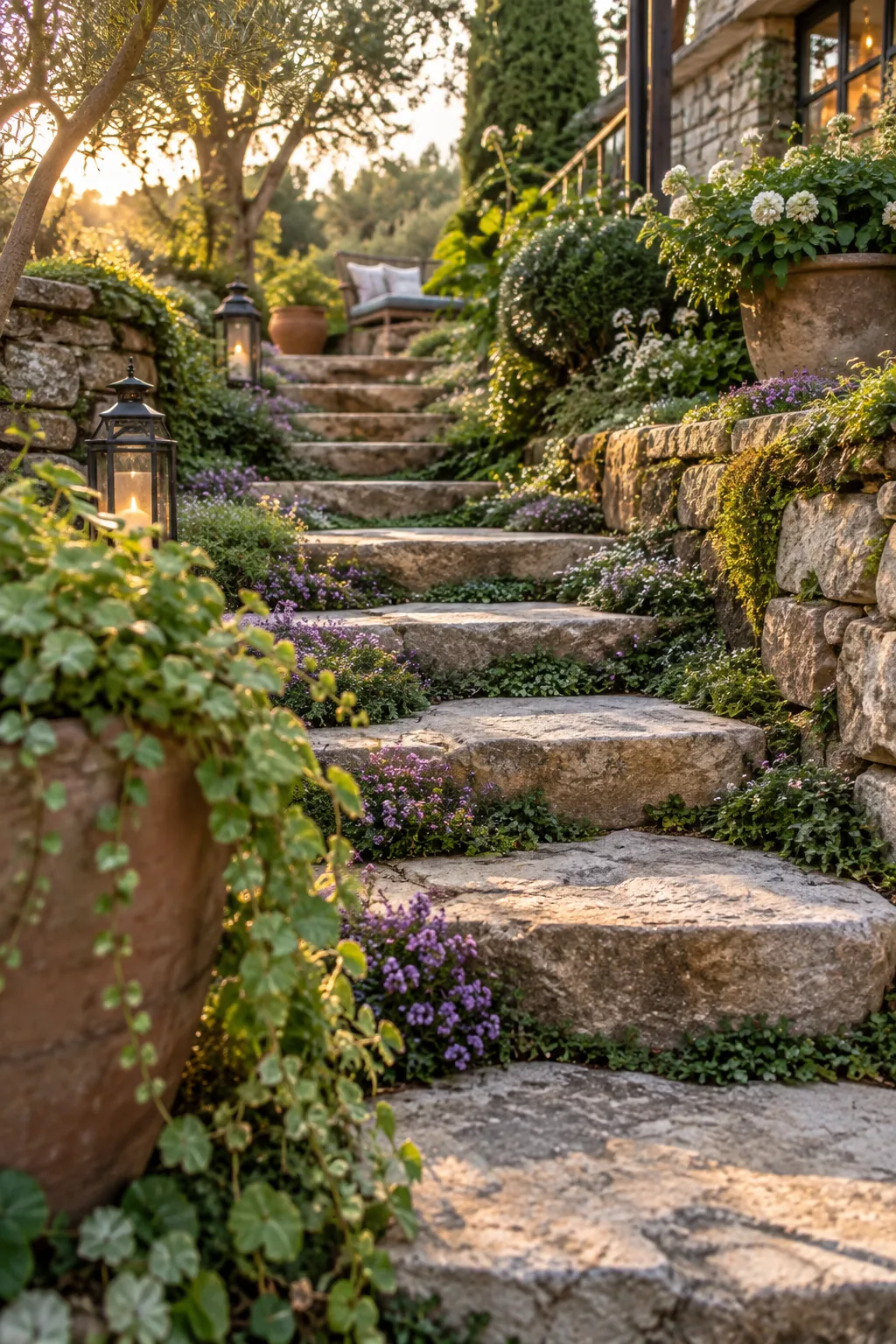 Large irregular stone slabs forming steps up a grassy hill