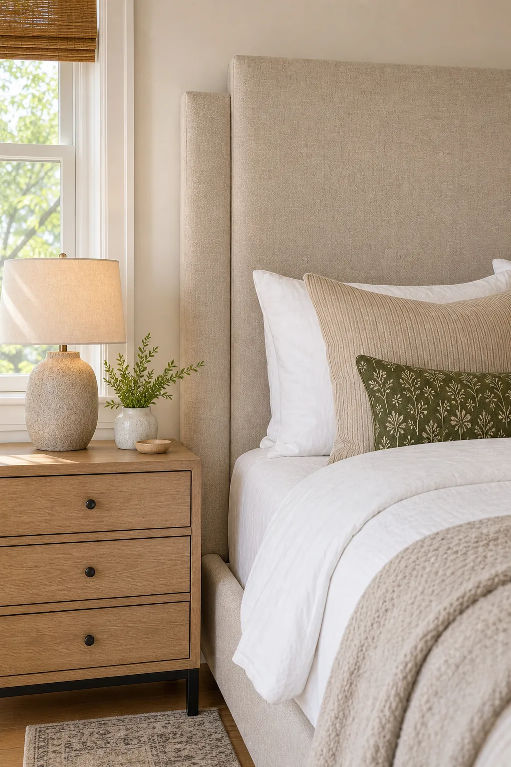 Left side of a bed showing a beige upholstered headboard extending past a light wood nightstand.