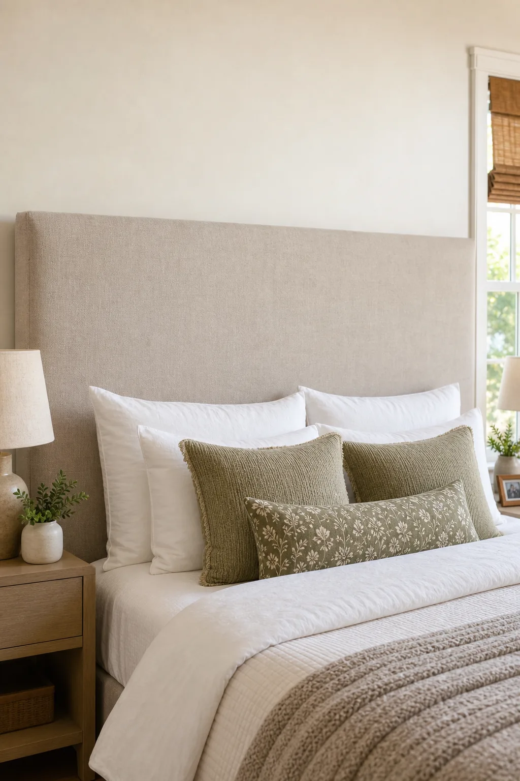 Stack of white and sage green pillows resting against a tall beige headboard.