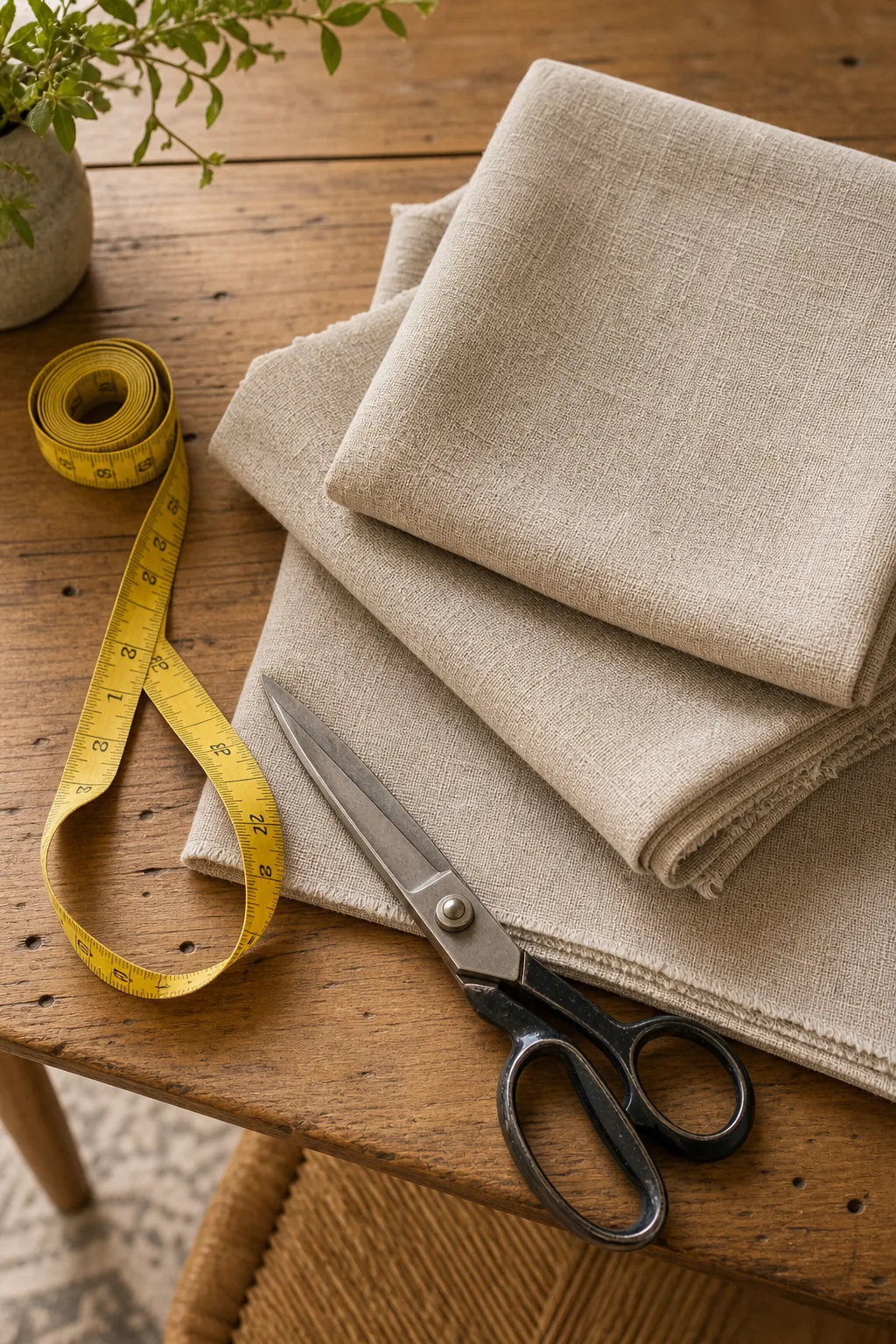 Folded beige linen fabric next to a tape measure and fabric scissors on a wooden table.