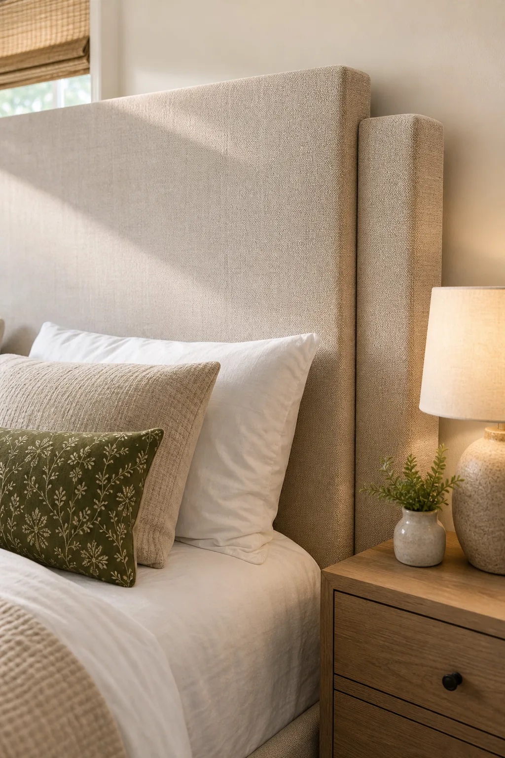 Close-up of the top corner of an upholstered headboard showing a crisp fabric fold.