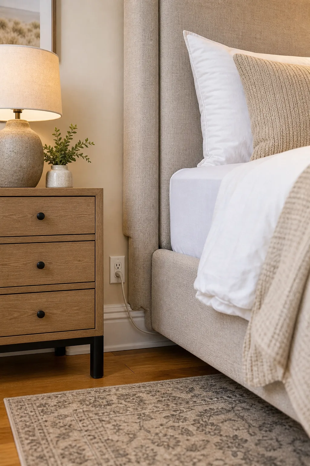 Bottom edge of a headboard notched out to fit around a baseboard and wall outlet.