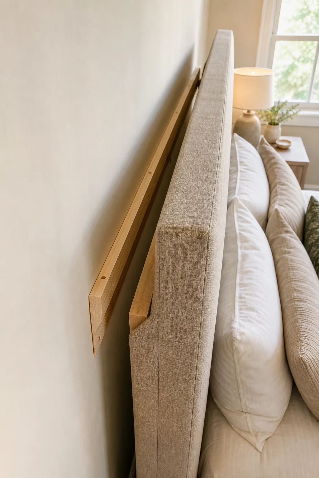 View behind a headboard showing two angled pieces of wood interlocking.