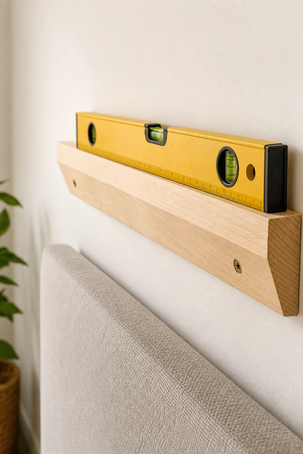 Wooden cleat screwed into a white wall with a yellow level resting on top.