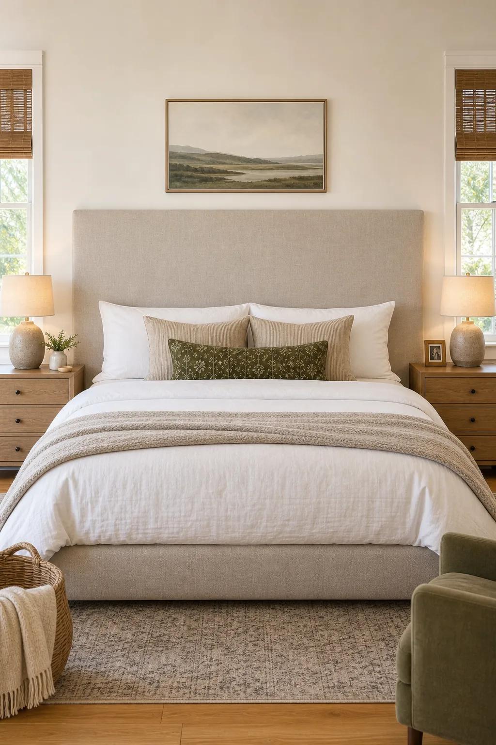 Fully styled bed with an oversized headboard perfectly centered and flush against the wall.