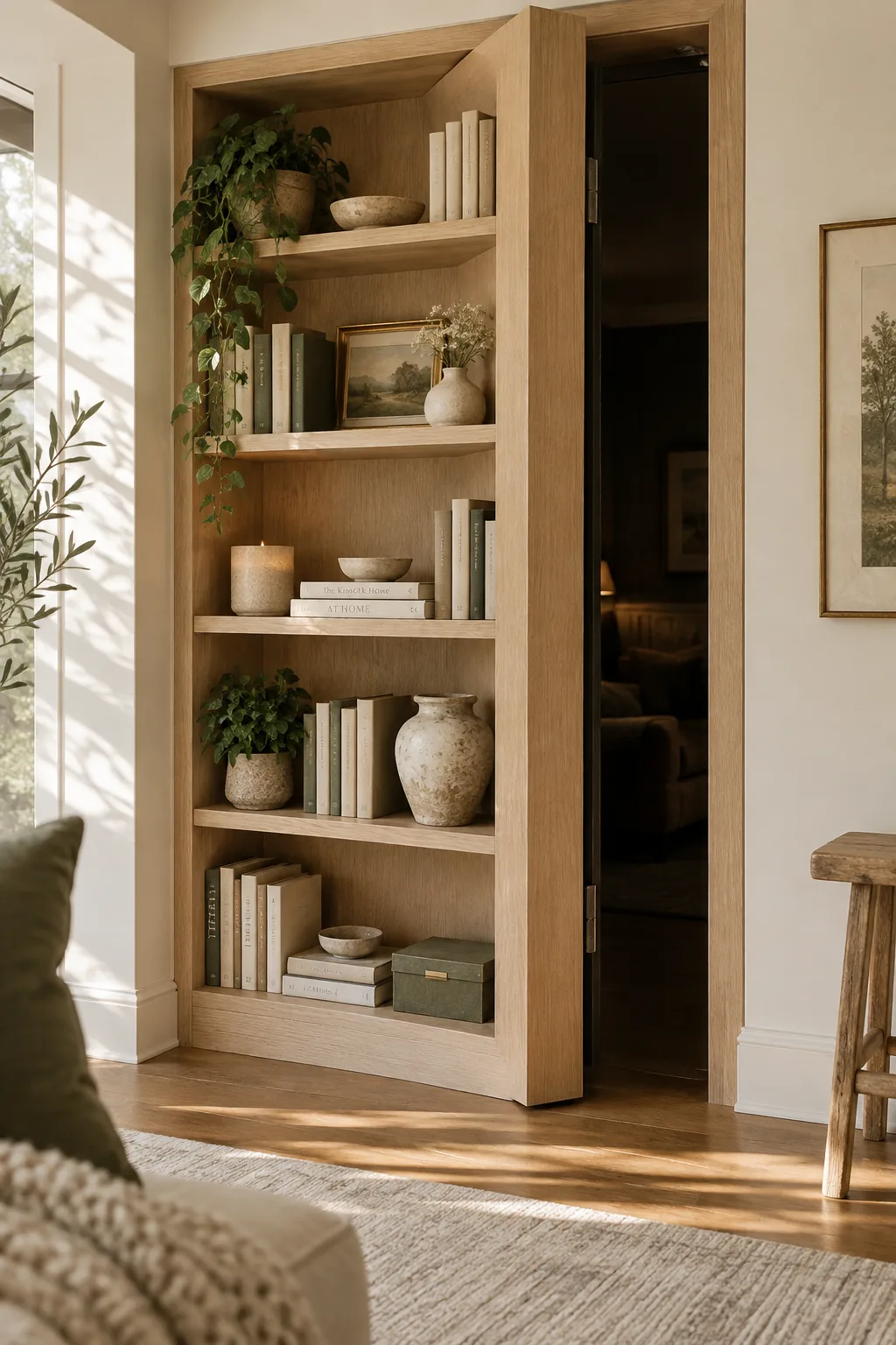 A built-in bookshelf swinging open to reveal a hidden room.