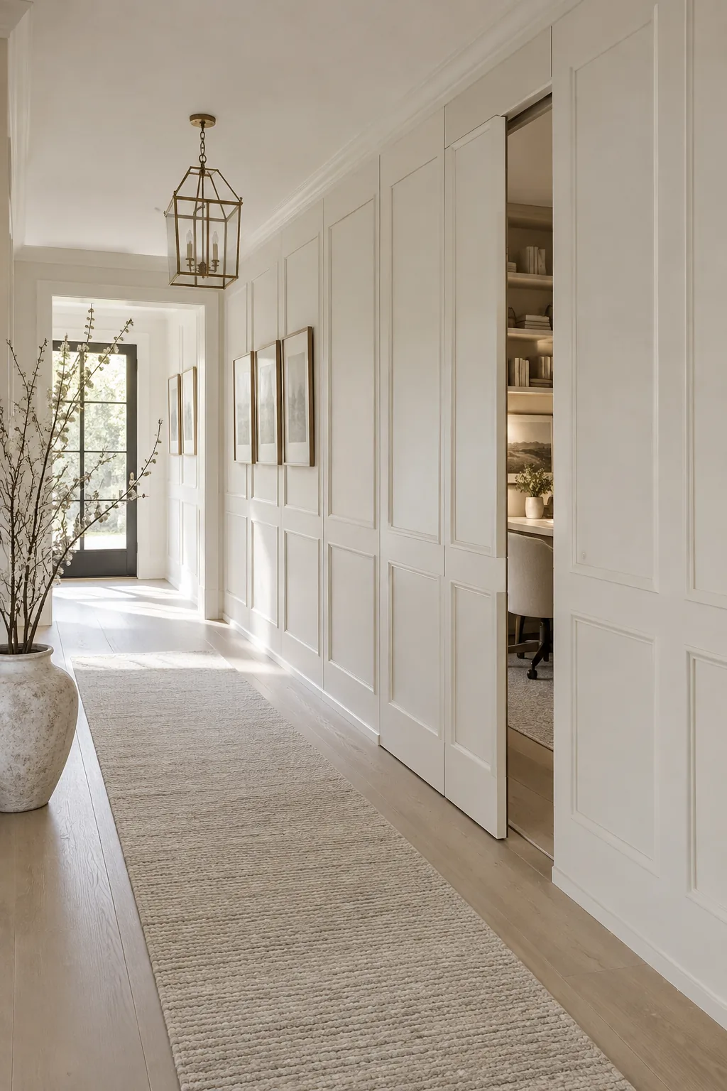 White wainscoting on a hallway wall with a hidden flush door slightly ajar.