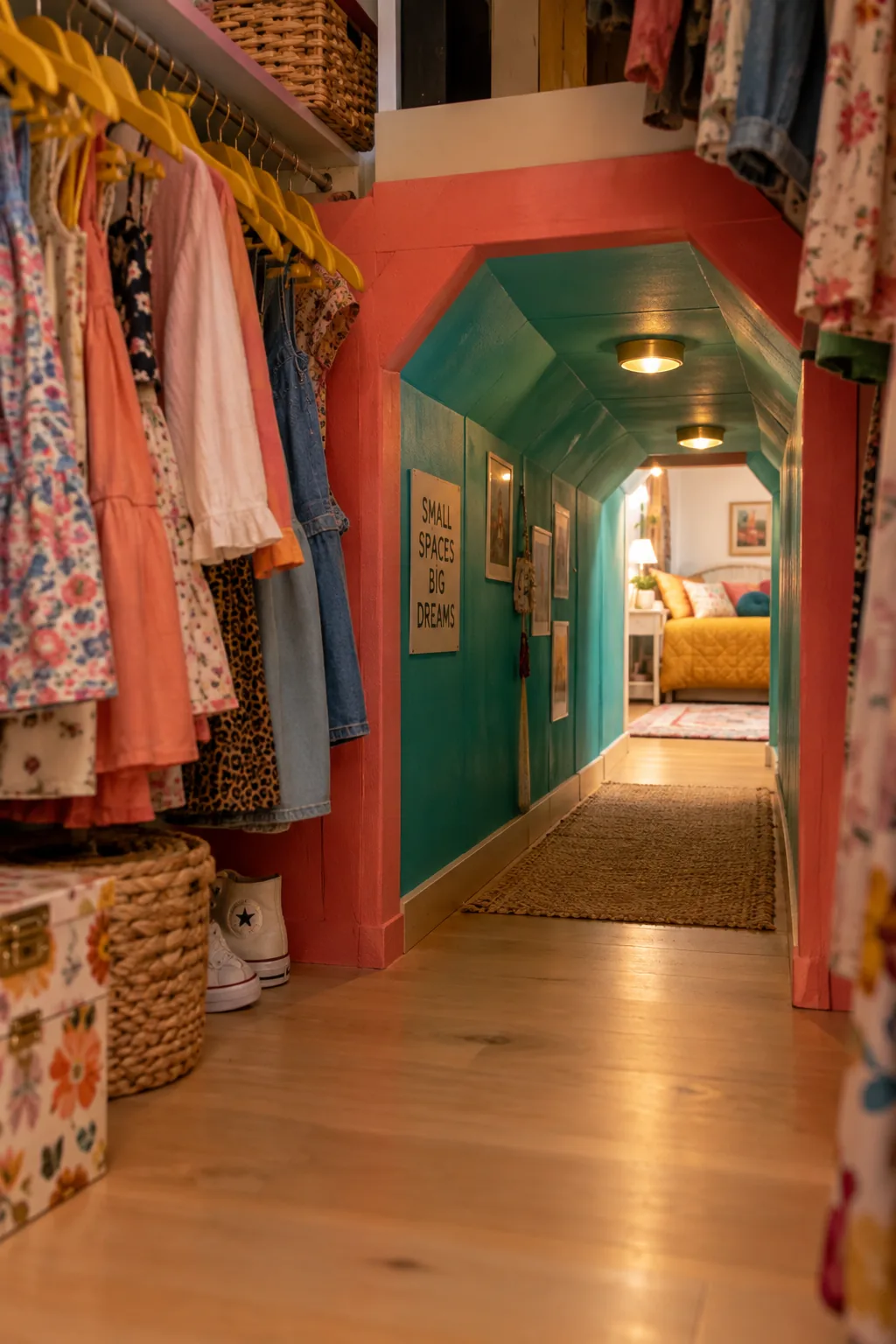 A child crawling through a low tunnel connecting two closets.