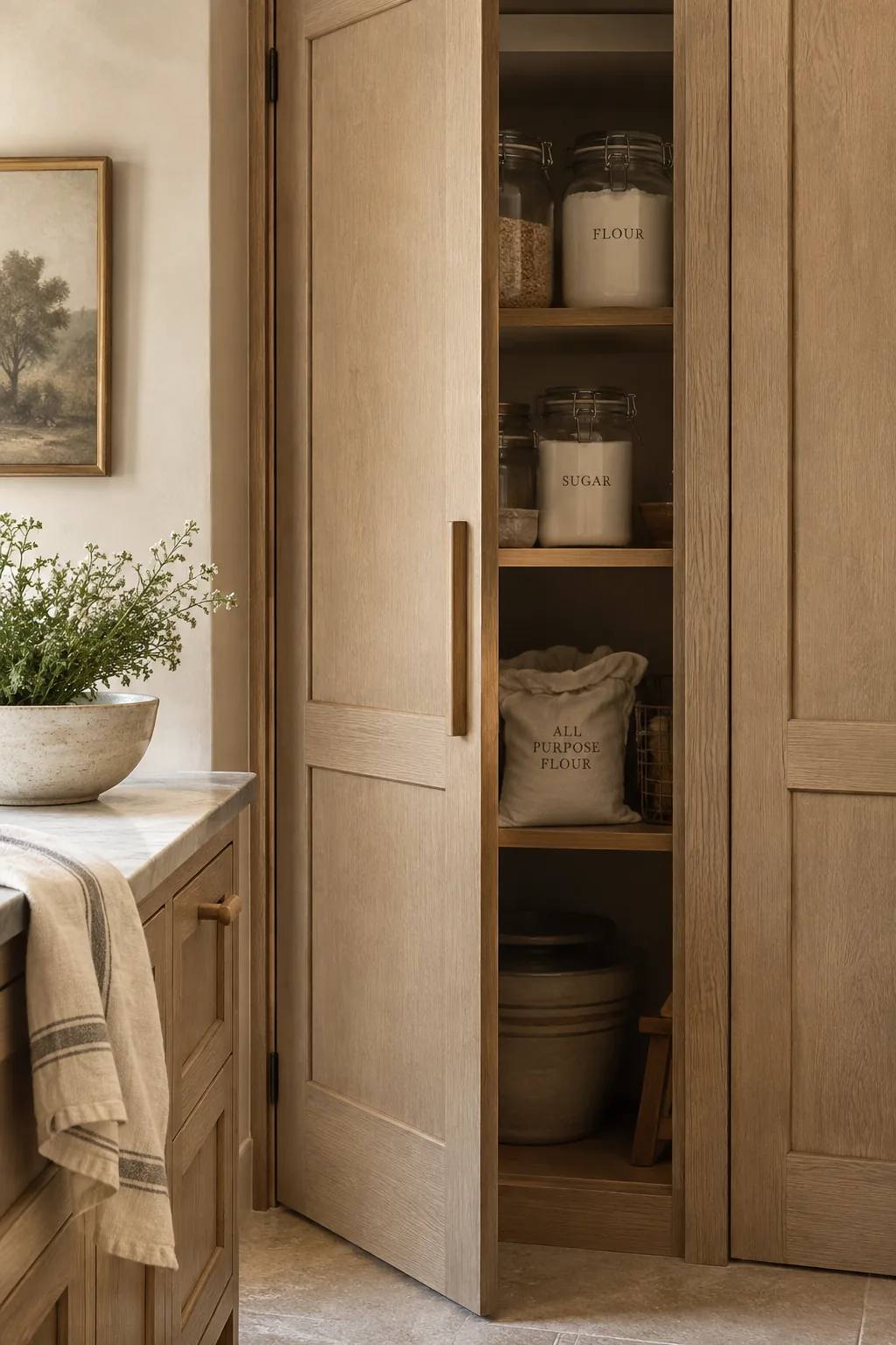 A kitchen cabinet door opened to reveal a large walk-in pantry.