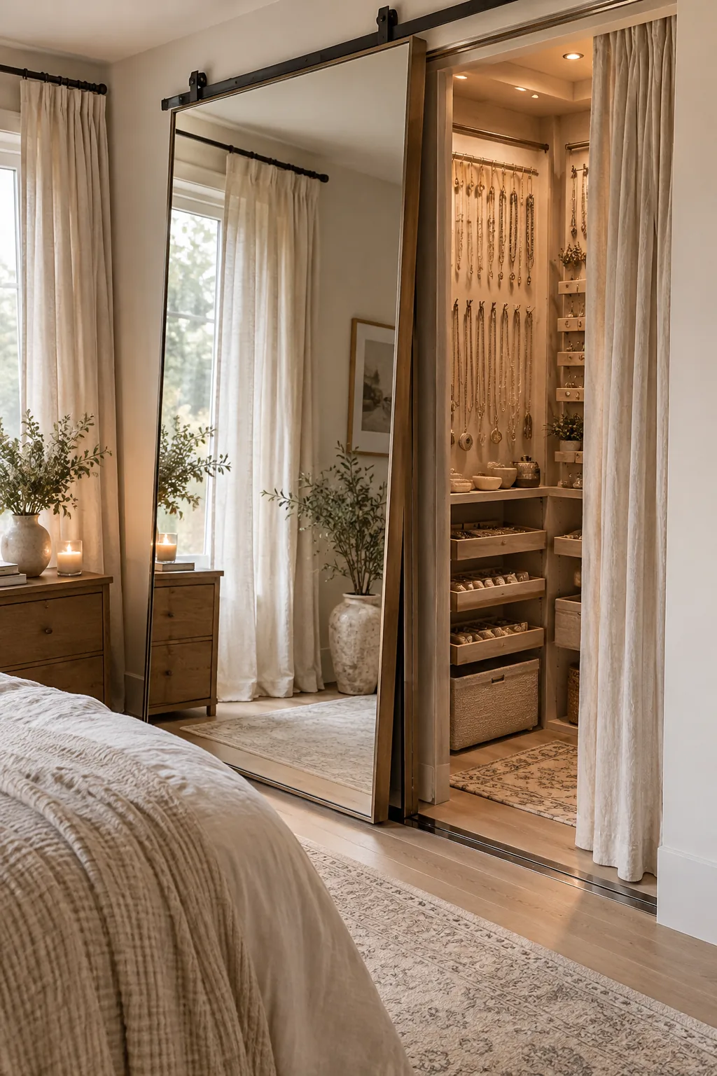 A large floor mirror sliding on a track to reveal a jewelry closet.