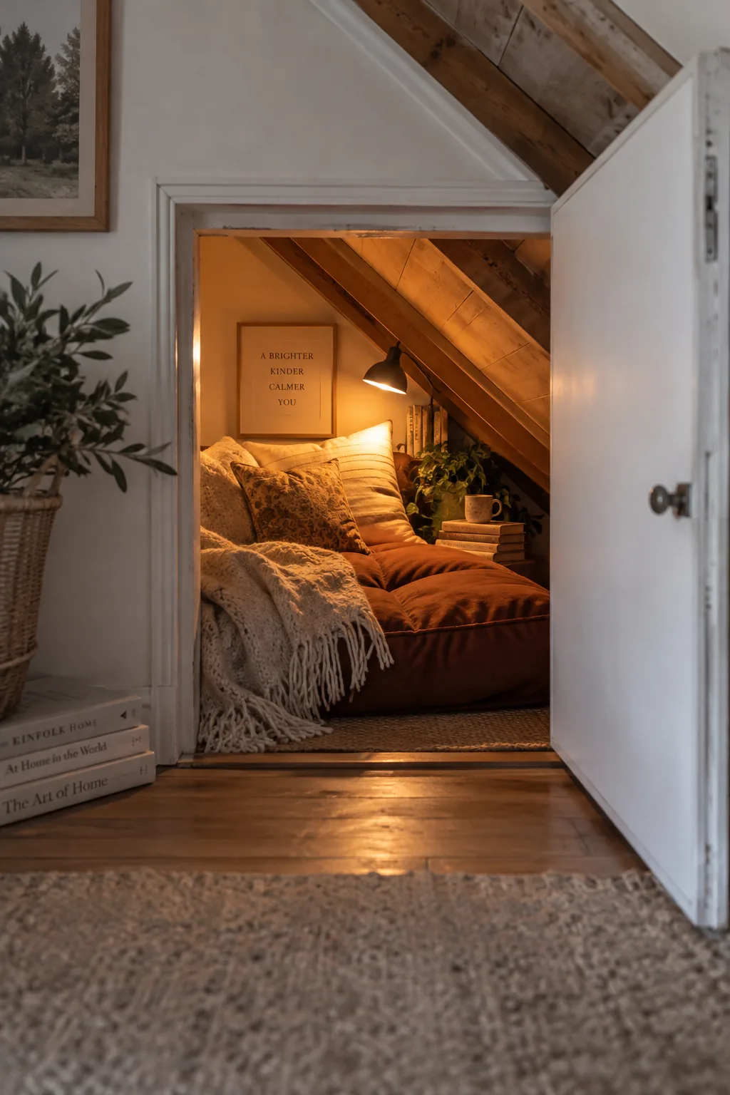 A cozy reading nook built into an attic knee wall.