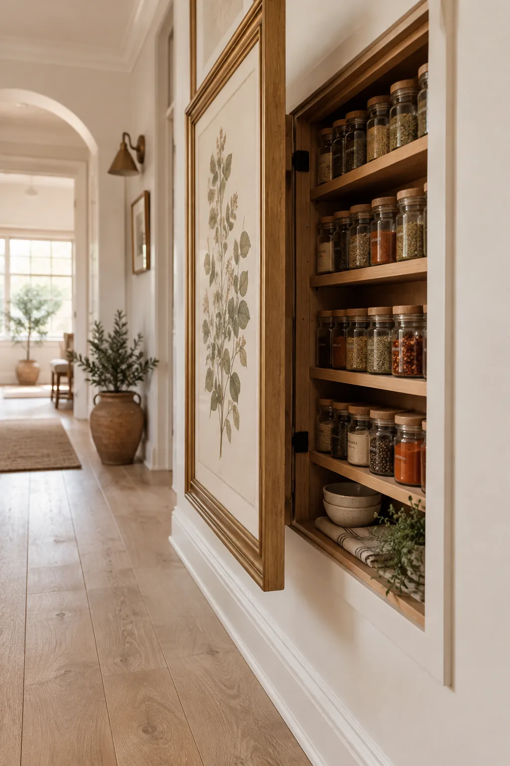 A framed painting swung open to show spices stored between wall studs.