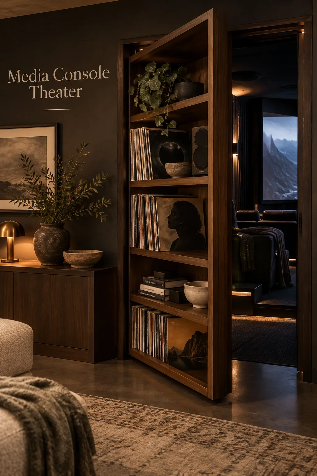 A large basement media console swung open to reveal a dark theater room.