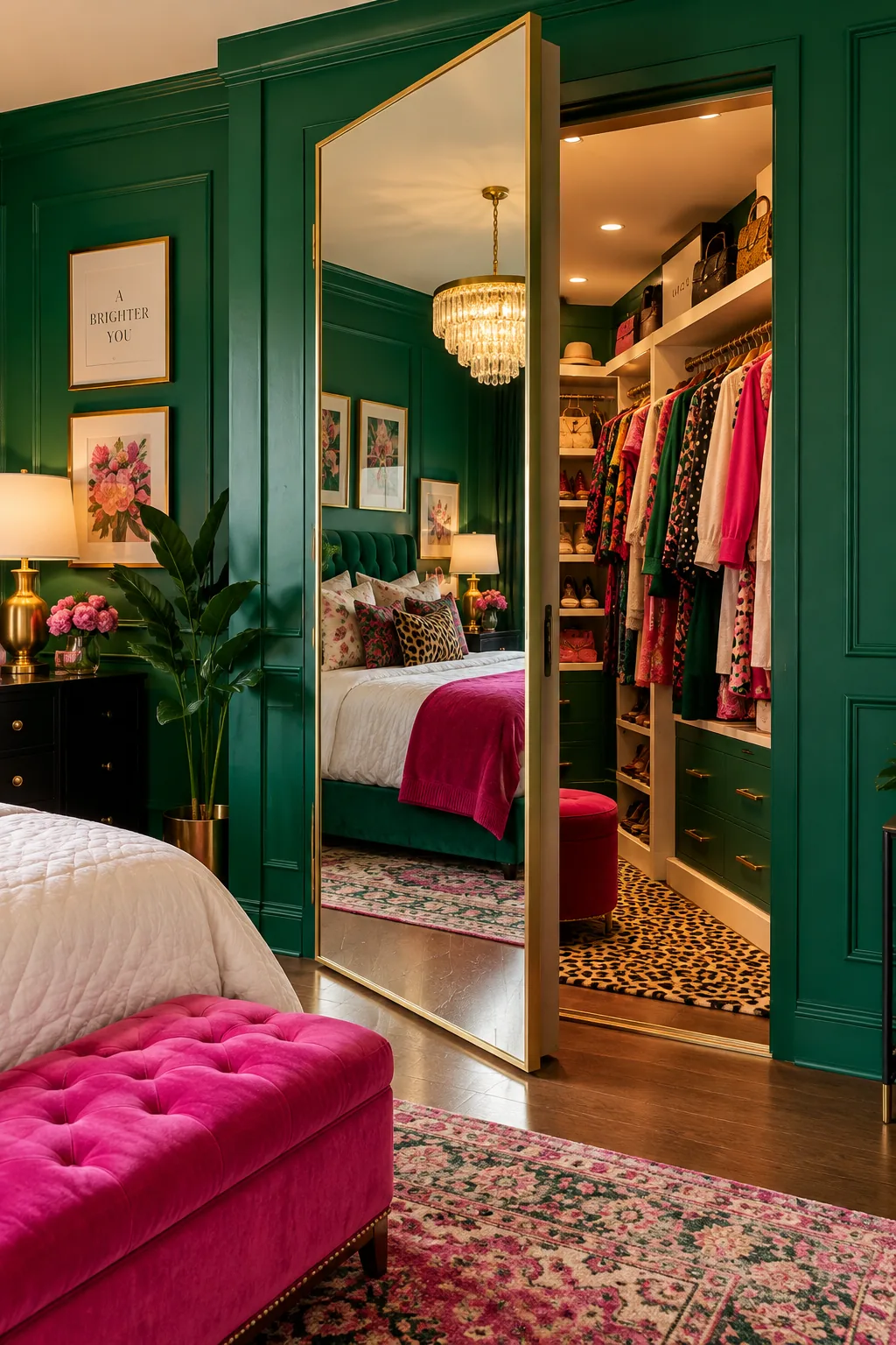 A tall mirror functioning as a pivot door to a walk-in closet.