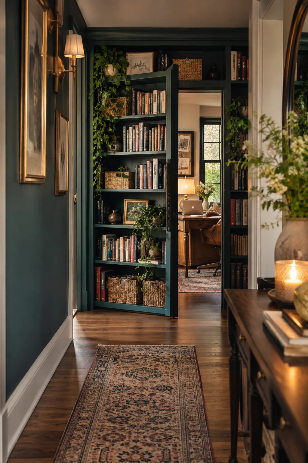 A bookshelf at the end of a hallway acting as a hidden door.