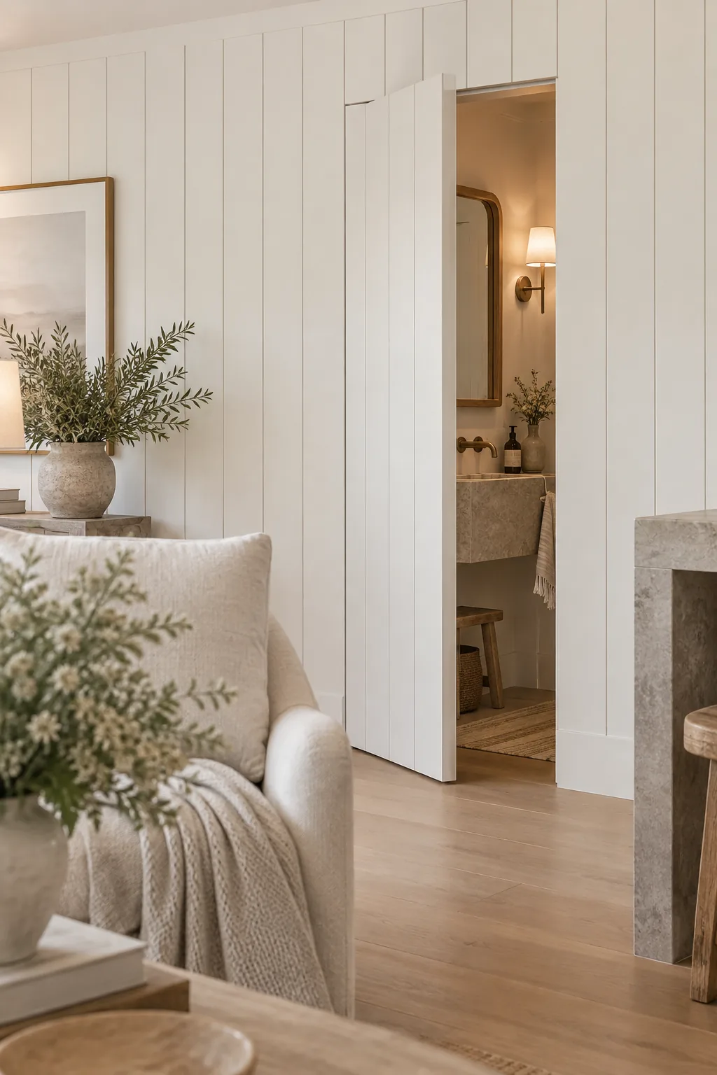 Vertical shiplap wall with a hidden push-to-open bathroom door.